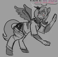 Size: 1192x1175 | Tagged: safe, artist:maximumeevee, derpibooru import, princess luna, alicorn, human, pony, blushing, clothes, dialogue, human to pony, image, male to female, pants, png, rule 63, s1 luna, sketch, transformation, transgender transformation