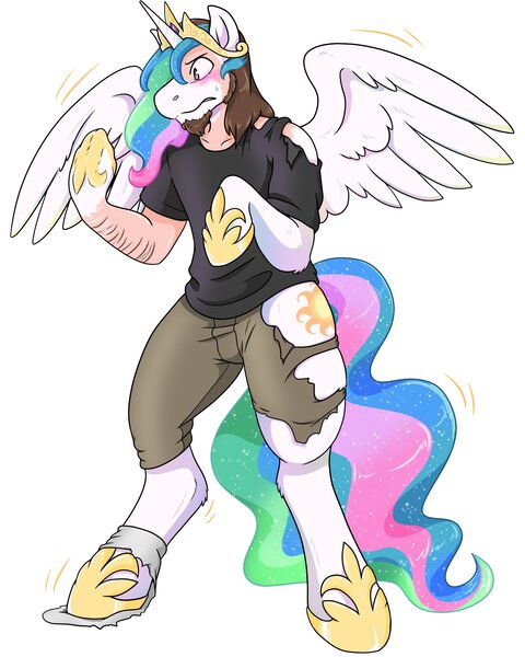 Size: 2000x2500 | Tagged: safe, artist:warlockmaru, derpibooru import, princess celestia, alicorn, human, pony, clothes, frown, high res, human to pony, image, jpeg, looking at self, male to female, mid-transformation, ripping clothes, rule 63, simple background, solo, transformation, transgender transformation, white background