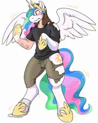 Size: 2000x2500 | Tagged: safe, artist:warlockmaru, derpibooru import, princess celestia, alicorn, human, pony, clothes, frown, high res, human to pony, image, jpeg, looking at self, male to female, mid-transformation, ripping clothes, rule 63, simple background, solo, transformation, transgender transformation, white background