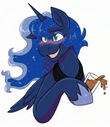 Size: 2360x2732 | Tagged: safe, artist:warlockmaru, derpibooru import, princess luna, alicorn, pony, blushing, bust, drink, drunk, female, glass, high res, hoof hold, image, jpeg, mare, one ear down, open mouth, simple background, smiling, solo, white background