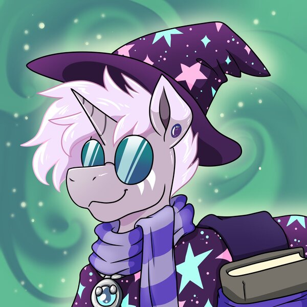 Size: 1500x1500 | Tagged: safe, artist:warlockmaru, derpibooru import, oc, oc:maru, unofficial characters only, pony, unicorn, abstract background, bag, book, clothes, ear piercing, glasses, hat, horn, image, jpeg, piercing, robe, round glasses, saddle bag, scarf, smiling, solo, striped scarf, wizard, wizard hat