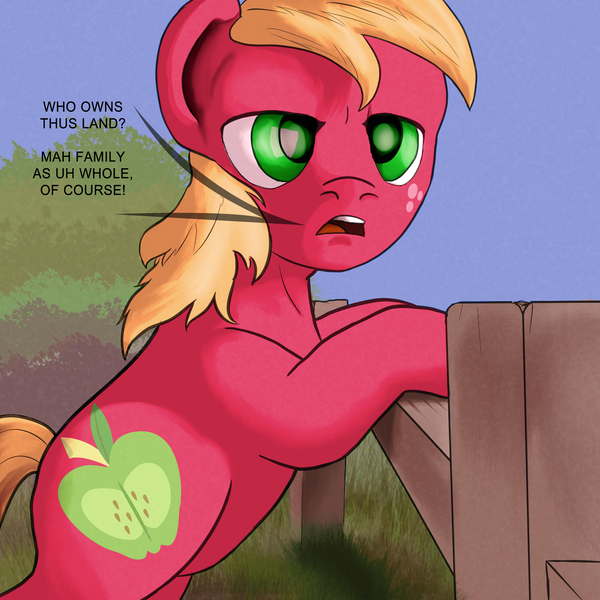 Size: 2700x2700 | Tagged: safe, artist:aaronmk, edit, editor:strifesnout, big macintosh, earth pony, pony, dialogue, fence, image, male, open mouth, png, solo, stallion