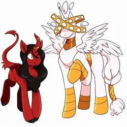 Size: 2500x2500 | Tagged: safe, artist:warlockmaru, derpibooru import, ponified, alicorn, demon, demon pony, kirin, original species, pony, seraph, seraphicorn, angel, biblically accurate angels, blushing, duo, high res, image, jewelry, jpeg, looking at each other, looking at someone, multiple eyes, multiple wings, one eye closed, raised hoof, shipping, simple background, smiling, tail, tail wrap, white background, wings, wink