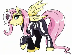 Size: 2526x1949 | Tagged: safe, artist:warlockmaru, derpibooru import, fluttershy, pegasus, pony, clothes, costume, ear piercing, eyeshadow, female, halloween, halloween costume, high res, holiday, image, jpeg, looking at you, makeup, mare, piercing, raised hoof, simple background, skeleton costume, skull, smiling, solo, white background