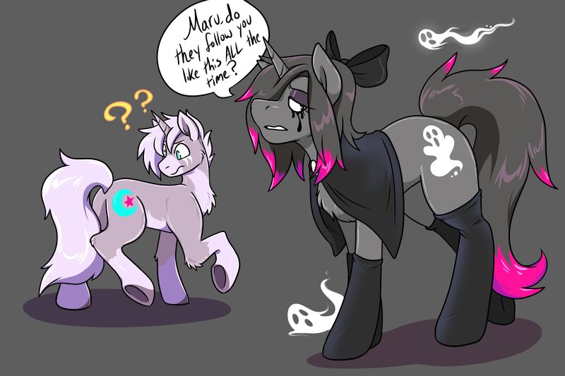 Size: 3000x2000 | Tagged: safe, artist:warlockmaru, derpibooru import, oc, oc:maru, unofficial characters only, ghost, pony, undead, unicorn, bow, cape, clothes, cutie mark swap, duo, gray background, high res, horn, image, jpeg, looking at something, makeup, question mark, running makeup, simple background, socks, speech bubble