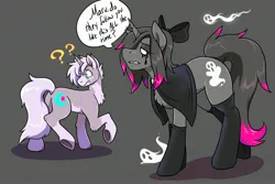 Size: 3000x2000 | Tagged: safe, artist:warlockmaru, derpibooru import, oc, oc:maru, unofficial characters only, ghost, pony, undead, unicorn, bow, cape, clothes, cutie mark swap, duo, gray background, high res, horn, image, jpeg, looking at something, makeup, question mark, running makeup, simple background, socks, speech bubble