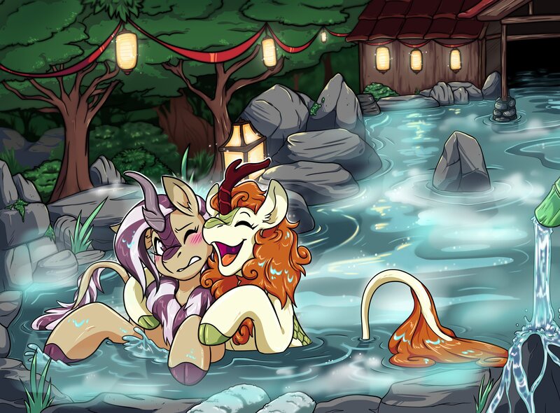 Size: 2710x2000 | Tagged: safe, artist:warlockmaru, derpibooru import, autumn blaze, oc, oc:lotus cinder, kirin, fanfic:words of power, blushing, duo, eyes closed, fanfic art, forest, high res, hot springs, hug, image, jpeg, nature, one eye closed, open mouth, open smile, smiling, tree, water