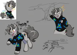Size: 2101x1507 | Tagged: safe, artist:warlockmaru, derpibooru import, oc, oc:supercell, unofficial characters only, pony, unicorn, blushing, clothes, dialogue, excited, gray background, horn, image, jpeg, simple background, solo, storm chasing, sweater, tornado, unicorn oc, wind