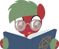 Size: 1678x1409 | Tagged: safe, artist:pure-blue-heart, derpibooru import, oc, oc:comic book, unofficial characters only, earth pony, pony, book, brown eyes, earth pony oc, glasses, green hair, image, male, open book, open mouth, pentagram, png, reading, red coat, simple background, stallion, stallion oc, transparent background, unshorn fetlocks, watermark