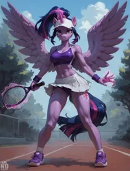 Size: 1792x2352 | Tagged: safe, ai content, derpibooru import, machine learning generated, stable diffusion, twilight sparkle, alicorn, anthro, image, magic, png, prompter:neondash, sports