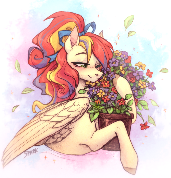 Size: 1010x1052 | Tagged: safe, artist:sparkling_light, derpibooru import, oc, unofficial characters only, pegasus, pony, abstract background, female, flower, flower pot, image, mare, mixed media, one eye closed, pegasus oc, png, solo, wings