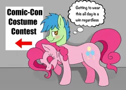 Size: 1240x894 | Tagged: safe, artist:blackcat9119, derpibooru import, pinkie pie, oc, unnamed oc, earth pony, pony, blushing, clothes, comic con, convention, costume, dialogue, disguise, earth pony oc, fursuit, g4, image, impersonating, jpeg, male, mask, masking, ponysuit, poster, quadsuit, shadow, sign, simple background, skinsuit, smiling, solo, solo male, suit, suit up, thought bubble, unmasked