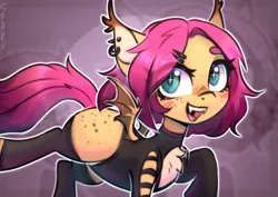 Size: 1415x1000 | Tagged: safe, artist:sparkling_light, derpibooru import, oc, unofficial characters only, bat pony, chest fluff, collar, ear piercing, earring, female, freckles, human shoulders, image, jewelry, npn (nightmare pony night), piercing, png, solo, spiked collar