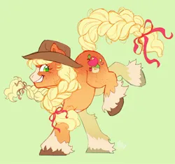 Size: 1024x961 | Tagged: safe, artist:catmintyt, derpibooru import, applejack, earth pony, pony, alternate design, applejack's hat, braid, braided tail, cowboy hat, g4, green background, grin, hat, image, jpeg, simple background, smiling, solo, tail, twitterina design, unshorn fetlocks