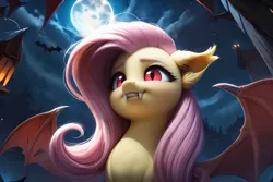 Size: 1280x854 | Tagged: prompter needed, safe, ai content, derpibooru import, machine learning generated, fluttershy, bat, bat pony, pony, 3d, bat ponified, bat wings, cloud, deviantart, female, flutterbat, full moon, g4, image, jpeg, mare, moon, night, pink mane, race swap, red eyes, sky, solo, wings, yellow skin