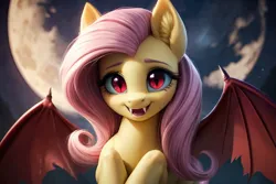 Size: 1280x854 | Tagged: prompter needed, safe, ai content, derpibooru import, machine learning generated, fluttershy, bat pony, pony, bat ponified, cute, deviantart, female, flutterbat, flying, image, jpeg, looking at you, looking forward, mare, moon, night, open mouth, pink mane, race swap, red eyes, solo, spread wings, wings, yellow skin