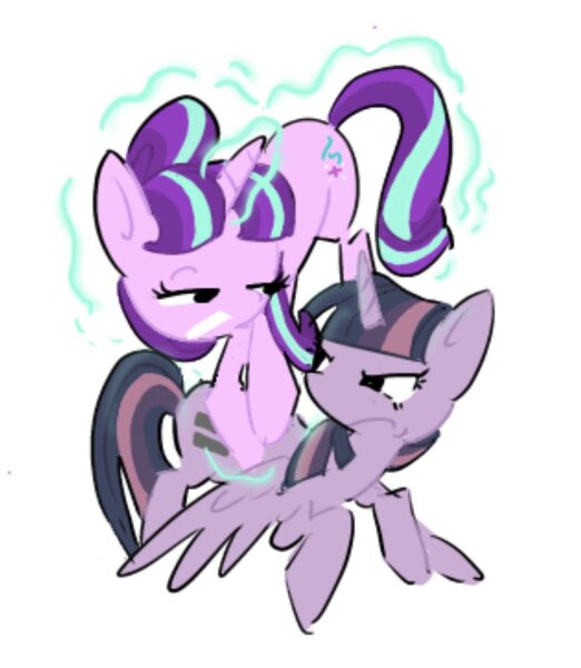 Size: 1126x1295 | Tagged: safe, artist:appledash3r_, derpibooru import, starlight glimmer, twilight sparkle, twilight sparkle (alicorn), alicorn, pony, unicorn, angry, colored eyebrows, duo, duo female, equalized, eyebrows, eyelashes, female, floating, flying, frown, g4, glow, glowing horn, horn, image, jpeg, lesbian, lidded eyes, long mane, long tail, looking at each other, looking at someone, magic, mare, multicolored mane, multicolored tail, narrowed eyes, no catchlights, open mouth, open smile, pink coat, ponytail, purple coat, raised eyebrow, requested art, s5 starlight, ship:twistarlight, shipping, simple background, smiling, smug, smug smile, smuglight glimmer, straight mane, straight tail, tail, telekinesis, tied mane, twilight sparkle is not amused, two toned mane, two toned tail, unamused, unicorn horn, white background