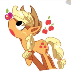 Size: 1245x1350 | Tagged: safe, artist:appledash3r_, derpibooru import, applejack, earth pony, pony, apple, applejack's hat, balancing, balancing on nose, big eyes, blonde mane, blonde tail, blush scribble, blushing, colored pinnae, cowboy hat, cute, eye clipping through hair, eyelashes, female, food, freckles, g4, hat, image, jackabetes, jpeg, mare, no catchlights, open mouth, ponytail, profile, raised hoof, requested art, simple background, solo, standing, tail, tied mane, tied tail, white background, wide eyes