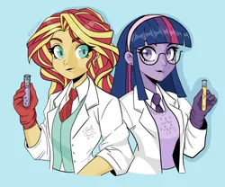 Size: 3000x2500 | Tagged: safe, artist:sophiasucksatlife, derpibooru import, sunset shimmer, twilight sparkle, human, equestria girls, alternate hairstyle, blue background, clothes, coat, duo, ear piercing, earring, female, g4, glasses, gloves, image, jewelry, jpeg, lab coat, lesbian, necktie, piercing, shipping, shirt, simple background, sunsetsparkle, sweater vest, test tube, vest