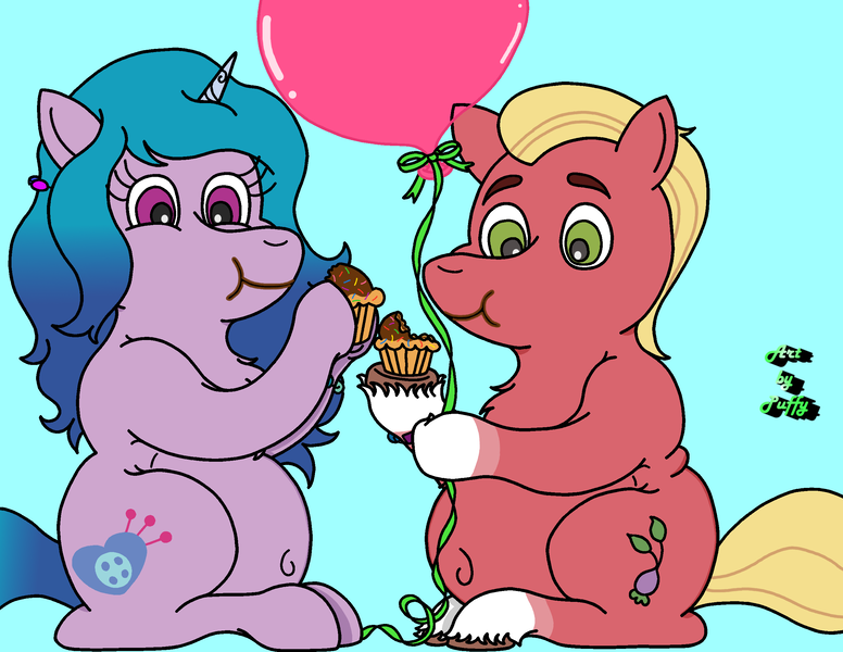 Size: 2575x1990 | Tagged: safe, artist:puffydearlysmith, derpibooru import, izzy moonbow, sprout cloverleaf, earth pony, pony, unicorn, g5, balloon, belly button, blue background, chubby, cupcake, eating, fat, female, food, headcanon in the description, horn, image, izzy moonblob, male, mare, png, ship:izzysprout, shipping, simple background, sprout blubberleaf, stallion, straight, unshorn fetlocks