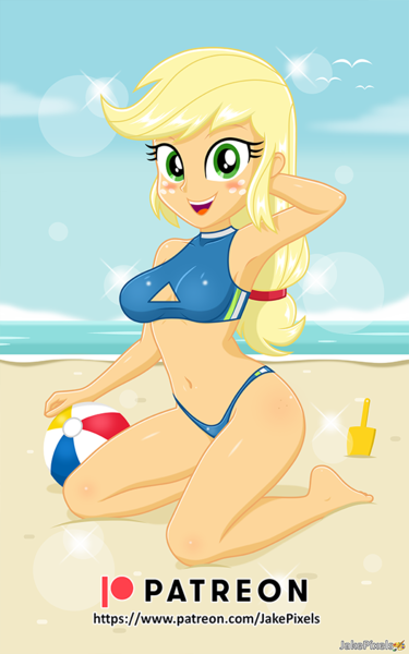 Size: 606x970 | Tagged: safe, artist:jakepixels, derpibooru import, applejack, human, equestria girls, arm behind head, beach, beach ball, belly button, bikini, bikini bottom, blushing, boob window, breasts, clothes, freckles, g4, image, kneeling, looking at you, open mouth, open smile, png, smiling, swimsuit