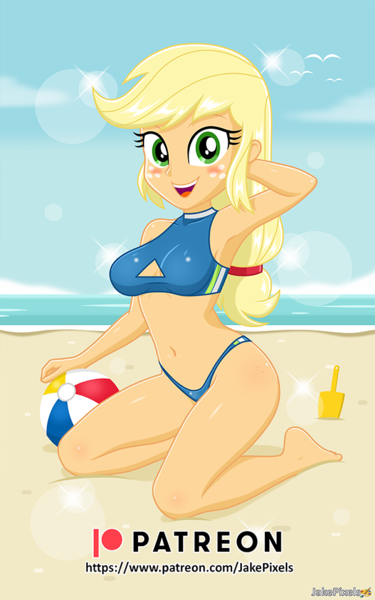 Size: 606x970 | Tagged: safe, artist:jakepixels, derpibooru import, applejack, human, equestria girls, g4, arm behind head, beach, beach ball, belly button, bikini, bikini bottom, blushing, boob window, breasts, busty applejack, clothes, freckles, image, kneeling, looking at you, open mouth, open smile, png, smiling, stupid sexy applejack, swimsuit