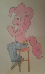 Size: 1744x2868 | Tagged: safe, artist:bronytwin02, derpibooru import, pinkie pie, earth pony, human, pony, chair, clothes, denim, floppy ears, human to pony, image, jeans, jpeg, open mouth, pants, sitting, traditional art, transformation