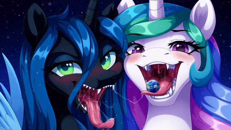 Size: 1920x1088 | Tagged: questionable, ai content, derpibooru import, machine learning generated, novelai, stable diffusion, princess celestia, queen chrysalis, alicorn, changeling, changeling queen, pony, blushing, bust, close-up, duo, duo female, duo focus, female, giantess, giga, image, looking at you, macro, open mouth, planet, png, portrait, prompt in description, sharp teeth, teeth, vore