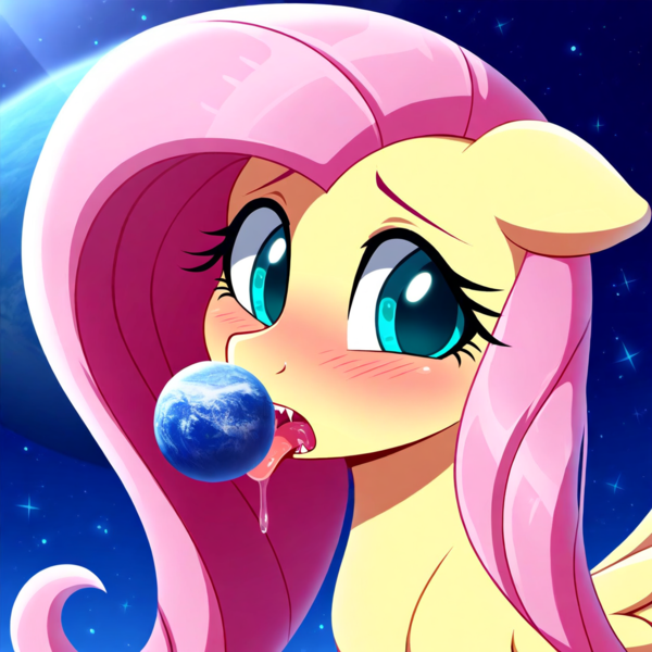 Size: 1024x1024 | Tagged: questionable, ai content, derpibooru import, machine learning generated, novelai, stable diffusion, fluttershy, pegasus, pony, blushing, bust, close-up, female, giantess, giga, image, licking, looking at you, macro, open mouth, planet, png, portrait, prompt in description, sharp teeth, shy, solo, solo female, teeth, tongue out