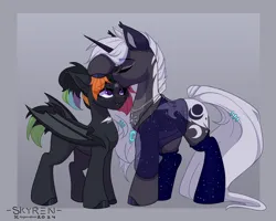 Size: 2500x2000 | Tagged: safe, artist:skyboundsiren, derpibooru import, oc, oc:nacht, oc:penumbra, bat pony, unicorn, commission, forehead kiss, horn, image, kissing, png, size difference, smiling, wholesome