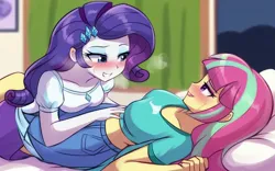 Size: 1024x640 | Tagged: prompter needed, suggestive, ai content, derpibooru import, machine learning assisted, machine learning generated, rarity, sour sweet, human, equestria girls, bed, blushing, breasts, busty rarity, busty sour sweet, female, g4, image, imminent sex, jpeg, lesbian, lying down, shipping, sourity