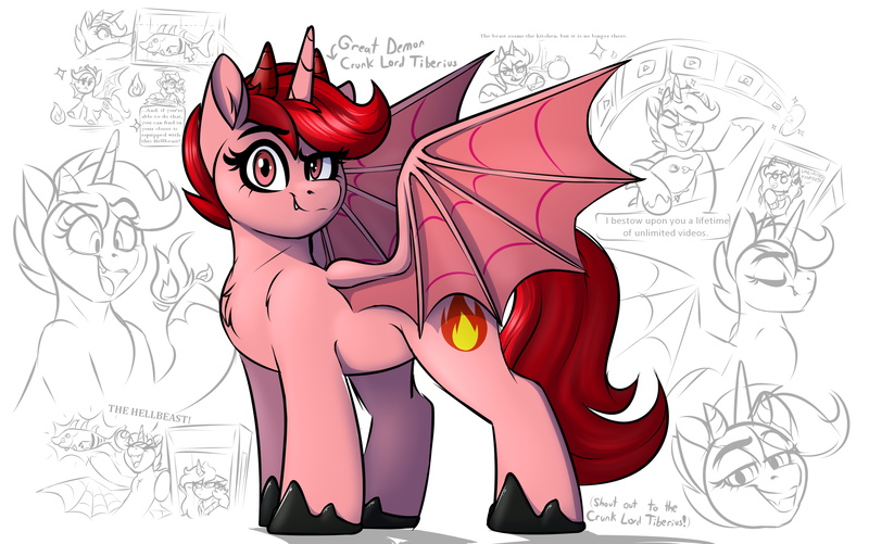 Size: 2825x1770 | Tagged: safe, artist:notetaker, derpibooru import, oc, oc:great demon crunk lord tiberius, oc:top five videos, unofficial characters only, alicorn, demon, demon pony, original species, pony, alicorn oc, demon horns, horn, horns, image, png, wings