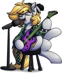 Size: 1544x1829 | Tagged: safe, artist:notetaker, derpibooru import, oc, oc:sketchy shades, pony, electric guitar, guitar, hat, image, microphone, musical instrument, piercing, png, sitting, solo, stool