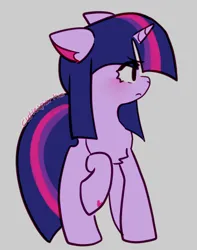 Size: 688x872 | Tagged: safe, artist:cutiesparke, derpibooru import, twilight sparkle, pony, unicorn, blushing, chest fluff, female, floppy ears, frown, g4, gray background, hoof heart, image, lightly watermarked, looking right, png, raised hoof, simple background, solo, underhoof, unicorn twilight, watermark