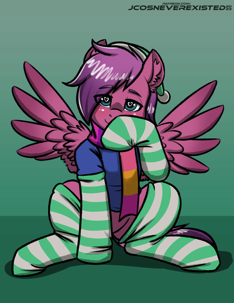 Size: 3169x4093 | Tagged: safe, artist:jcosneverexisted, derpibooru import, oc, unofficial characters only, pegasus, pony, blushing, clothes, commission, image, looking at you, male, png, socks, solo, stallion, ych result
