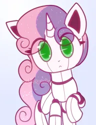 Size: 1020x1322 | Tagged: safe, artist:cutiesparke, derpibooru import, sweetie belle, pony, robot, robot pony, unicorn, :<, blue background, eye clipping through hair, female, foal, g4, green eyes, horn, image, lightly watermarked, looking at you, png, raised hoof, simple background, solo, sweetie bot, watermark