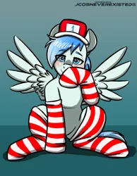 Size: 3169x4093 | Tagged: safe, artist:jcosneverexisted, derpibooru import, oc, oc:sports news, unofficial characters only, pegasus, pony, blushing, clothes, commission, hat, image, looking at you, male, png, socks, solo, stallion, ych result