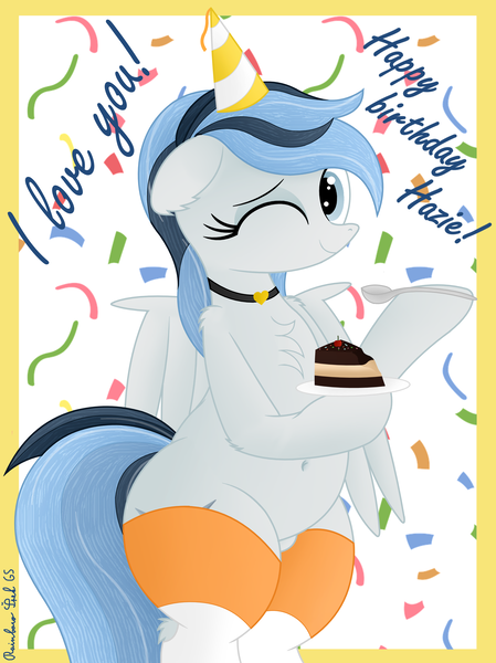 Size: 2776x3708 | Tagged: safe, artist:rainbowšpekgs, derpibooru import, oc, oc:haze northfleet, unofficial characters only, pegasus, pony, bipedal, birthday, cake, chest fluff, choker, chubby, clothes, confetti, cute, female, food, g4, happy, hat, image, mare, one eye closed, party hat, plate, png, smiling, socks, spread wings, standing, wings