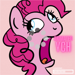 Size: 1080x1080 | Tagged: safe, artist:lannielona, derpibooru import, pinkie pie, earth pony, pony, advertisement, animated, buffering, bust, commission, derp, didney worl, faic, female, freeze frame, gif, image, loading, loading screen, mare, open mouth, portrait, silly, silly pony, solo, ych example, your character here