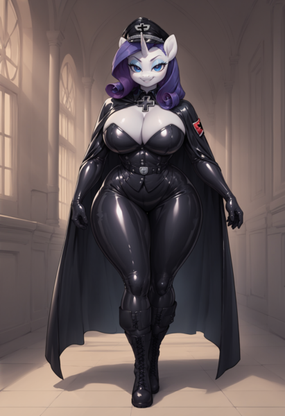 Size: 1664x2432 | Tagged: suggestive, ai content, derpibooru import, machine learning generated, rarity, anthro, unicorn, big breasts, bodysuit, boots, breasts, busty rarity, cape, catsuit, cleavage, cloak, clothes, curvy, derpibooru exclusive, female, g4, hat, horn, huge breasts, image, iron cross, latex, latex suit, nazi, nazi uniform, peaked cap, png, prompter:inky heart, rubber, shoes, solo, solo female, thick, uniform, wide hips
