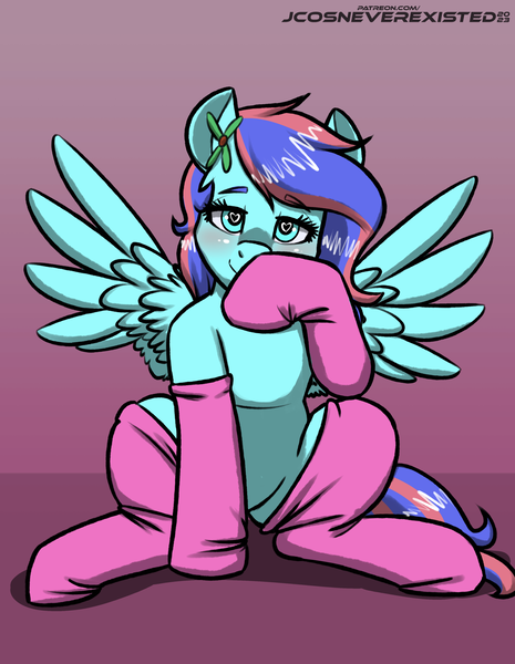 Size: 3169x4093 | Tagged: safe, artist:jcosneverexisted, derpibooru import, oc, unofficial characters only, pegasus, pony, blushing, clothes, commission, femboy, image, looking at you, male, png, socks, solo, stallion, ych result