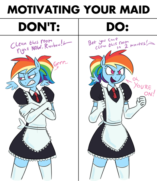 Size: 2658x3068 | Tagged: safe, artist:moonatik, derpibooru import, rainbow dash, anthro, pegasus, pony, apron, clothes, dress, evening gloves, excited, female, g4, gloves, grumpy, image, long gloves, maid, mare, png, ponytail, reverse psychology, socks, solo, tomboy