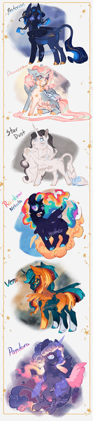 Size: 1710x7721 | Tagged: safe, artist:yozora122, derpibooru import, oc, oc:asterion, oc:dreamcatcher, oc:pandora, oc:rainbow nebula, oc:star dust, oc:venus, unofficial characters only, alicorn, classical unicorn, pony, unicorn, alicorn oc, bow, butt, claws, cloven hooves, crying, ethereal mane, fangs, female, fetlock tuft, freckles, high res, horn, image, leonine tail, looking up, magical lesbian spawn, mare, multicolored hair, multiple legs, name, offspring, one eye closed, open mouth, open smile, parent:applejack, parent:fluttershy, parent:pinkie pie, parent:princess luna, parent:rainbow dash, parent:rarity, parent:twilight sparkle, parents:lunadash, parents:lunajack, parents:lunapie, parents:lunashy, parents:rariluna, parents:twiluna, plot, png, rainbow hair, sitting, small wings, smiling, starry mane, tail, tail bow, turned head, unshorn fetlocks, unusual pupils, white pupils, wing claws, wings