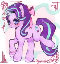 Size: 1926x2048 | Tagged: safe, artist:plebliung, derpibooru import, starlight glimmer, pony, unicorn, blue eyes, bow, bowtie, bracelet, detailed background, female, flower, g4, glow, glowing horn, hair bow, horn, image, jewelry, jpeg, mare, pose, purple coat, raised leg, tail, two toned mane, two toned tail