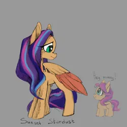 Size: 5400x5400 | Tagged: safe, artist:ailatf, derpibooru import, sunny starscout, oc, oc:sunset stardust, earth pony, pegasus, pony, g5, 2022, dialogue, duo, duo female, female, filly, filly sunny starscout, foal, folded wings, g5 oc, gray background, image, mare, mother and child, mother and daughter, png, simple background, smiling, solo focus, sunny starscout's mom, tail, wings, younger