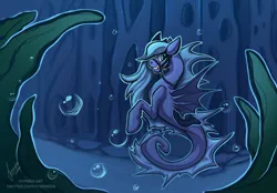 Size: 2360x1640 | Tagged: safe, artist:stirren, derpibooru import, sea pony, bridle, bubble, ears up, harness, hooves, image, looking at you, mermay, png, saddle, seaweed, tack, underwater, water