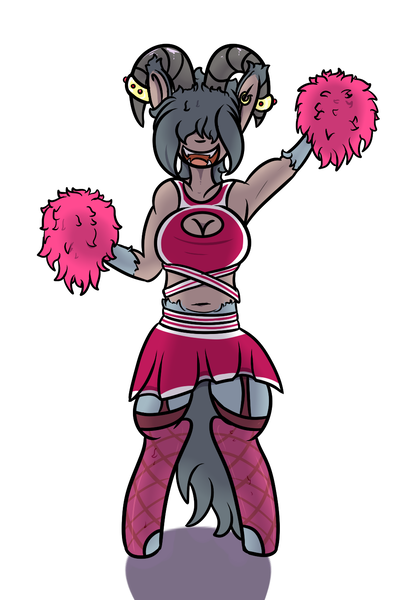 Size: 957x1423 | Tagged: safe, artist:lazerblues, derpibooru import, oc, oc:ariana, unofficial characters only, satyr, cheerleader, cheerleader outfit, clothes, horns, image, offspring, parent:arimaspi, png, pom pom, solo, tail