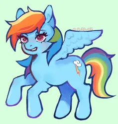 Size: 1944x2048 | Tagged: safe, artist:plebliung, derpibooru import, rainbow dash, pegasus, pony, blue coat, eyelashes, female, g4, green background, image, jpeg, mare, multicolored mane, multicolored tail, pose, purple eyes, rearing, signature, simple background, smiling, solo, spread wings, tail, wings