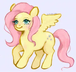 Size: 2048x1960 | Tagged: safe, artist:plebliung, derpibooru import, fluttershy, pegasus, pony, female, flowing mane, flowing tail, g4, green eyes, image, jpeg, mare, pink background, pink mane, pose, raised leg, signature, simple background, smiling, solo, spread wings, tail, wings, yellow coat