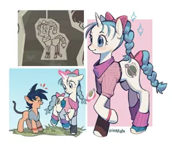 Size: 1280x1094 | Tagged: safe, artist:erinartista, derpibooru import, ponified, earth pony, pony, unicorn, scare master, anime, blushing, bulma, colt, dragon ball, duo, duo male and female, emanata, female, foal, g4, horn, image, male, mare, open mouth, open smile, png, screencap reference, signature, simple background, smiling, son goku, white background